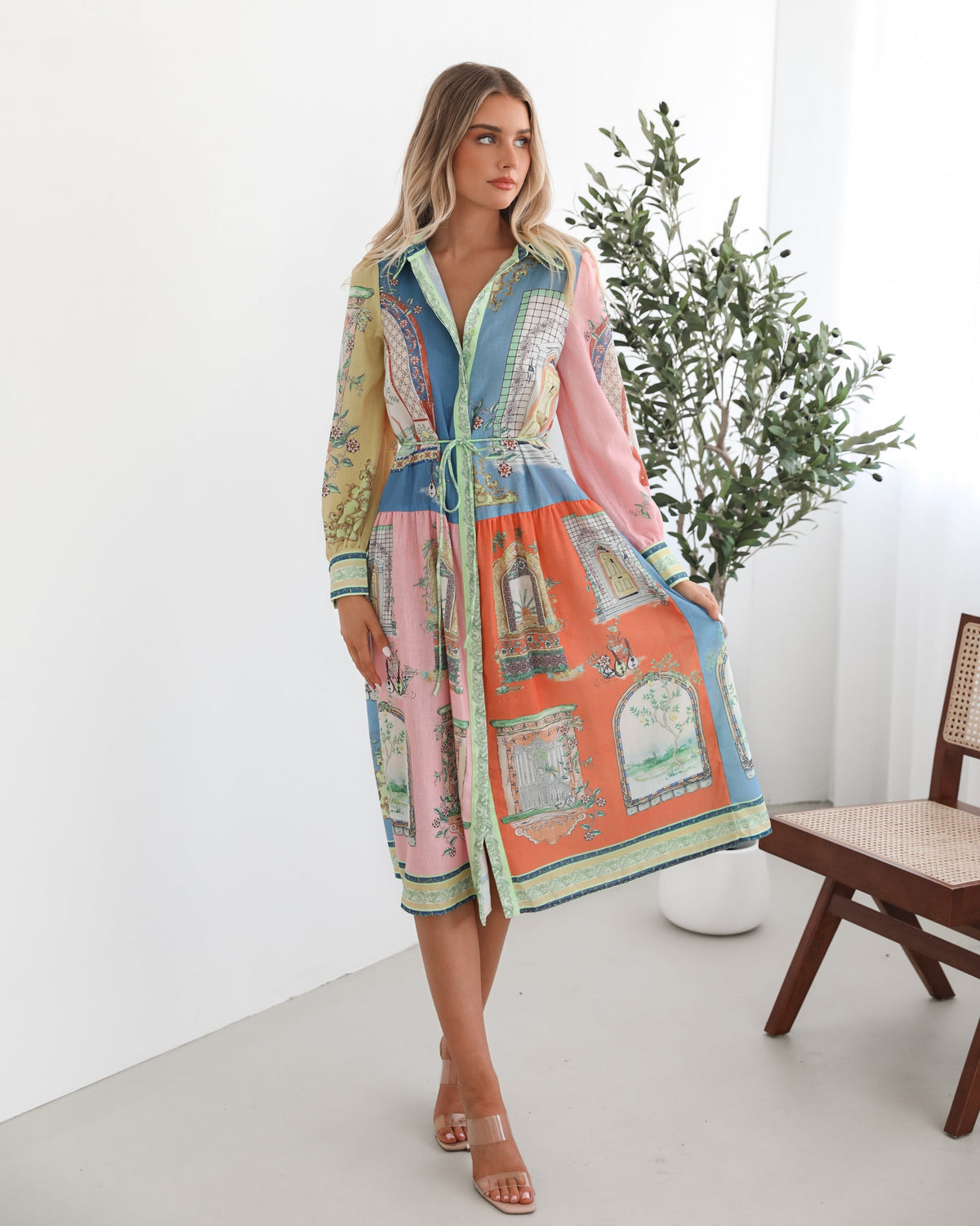 Jalisi Multi Print Dress | Women's Printed Midi Shirt Dress