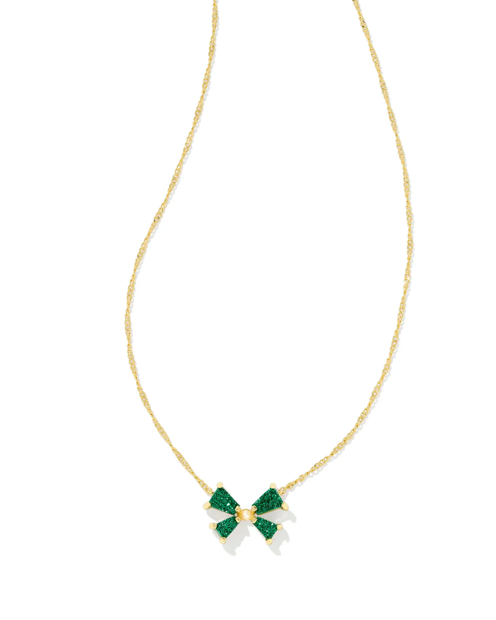 Blair Gold Bow Small Short Pendant Necklace in Emerald Drusy