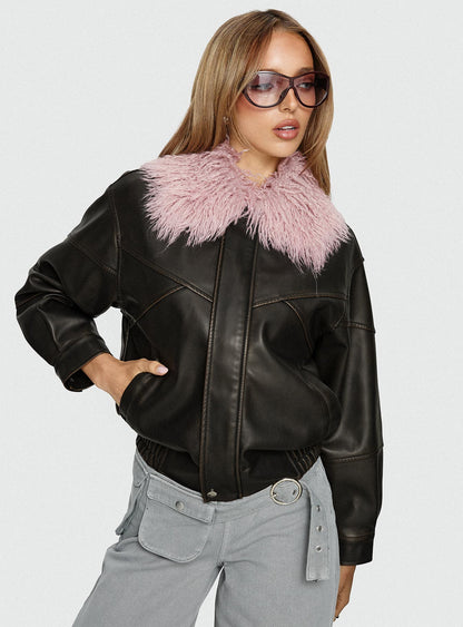 Brittanni Fluffy Collar Jacket Brown / Pink