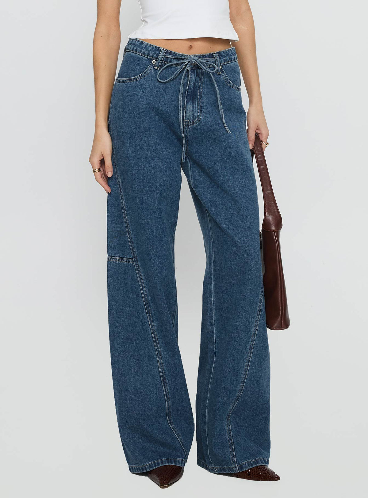 Bruiser Tie Waist Mid Rise Wide Leg Jeans Mid Blue Wash