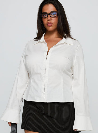 By The Phone Long Sleeve Collared Top White Curve