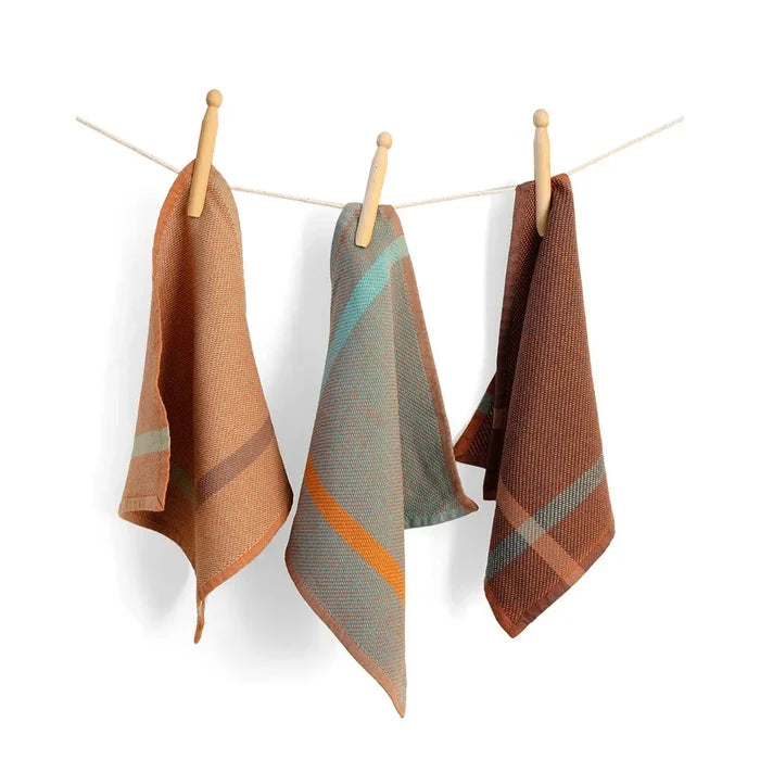 Three plaid towels hanging on a clothesline against a white background