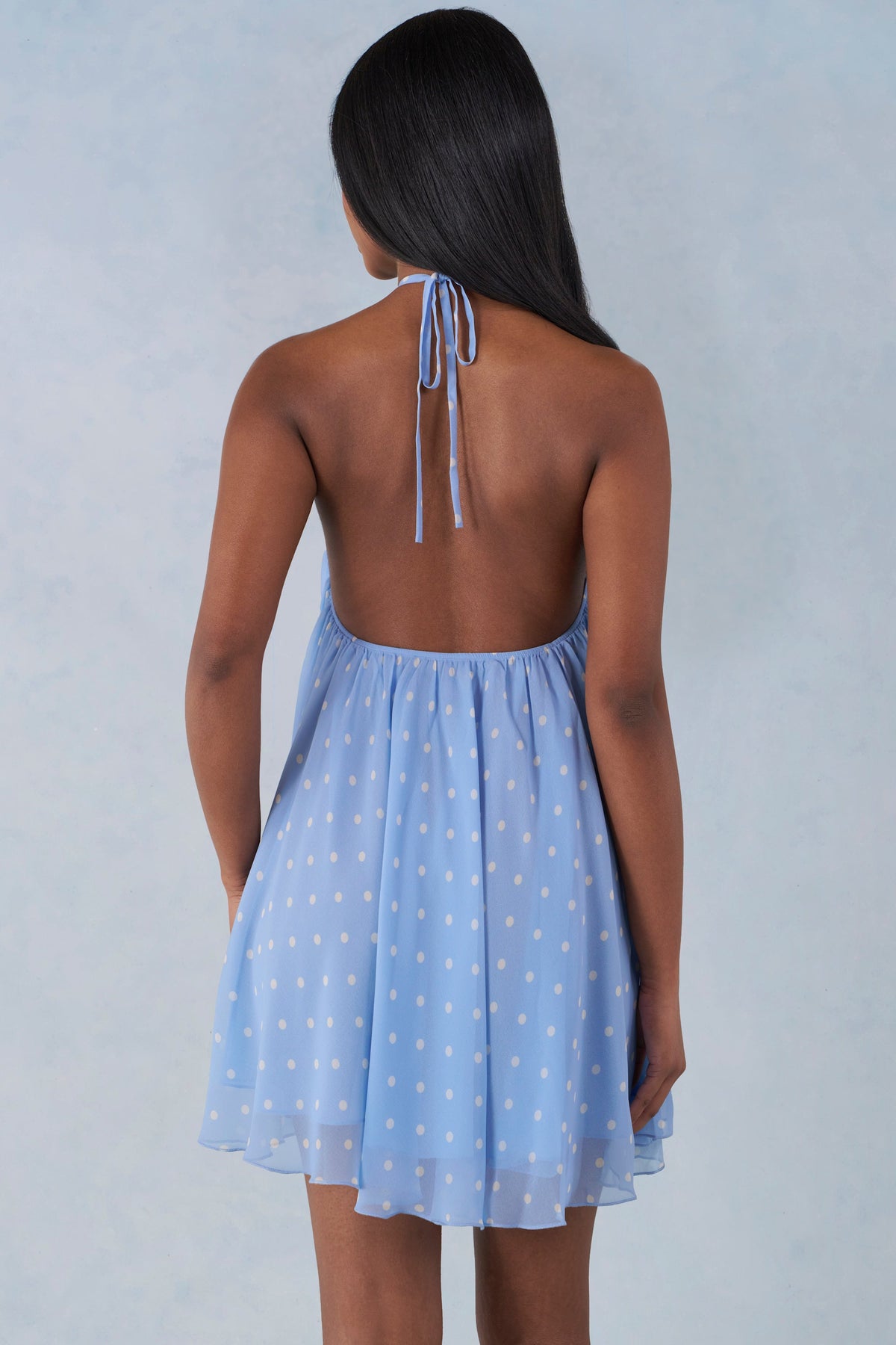 Halterneck Babydoll Mini Dress in Blue Polka Dot Print