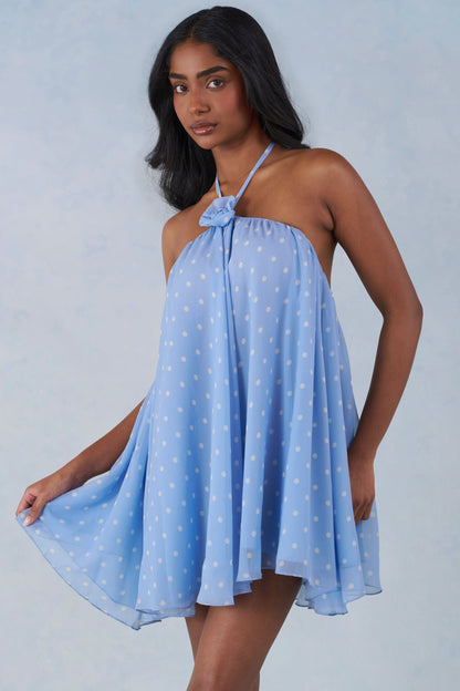 Halterneck Babydoll Mini Dress in Blue Polka Dot Print