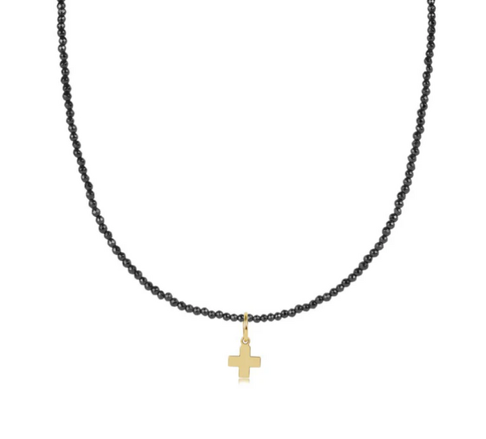 17" Choker Faceted Hematite 2mm Bead Signature Cross Gold Charm