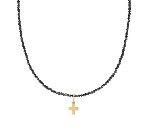 17" Choker Faceted Hematite 2mm Bead Signature Cross Gold Charm