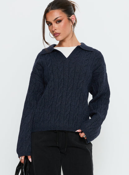 Brodey Collared Cable Knit Sweater Navy