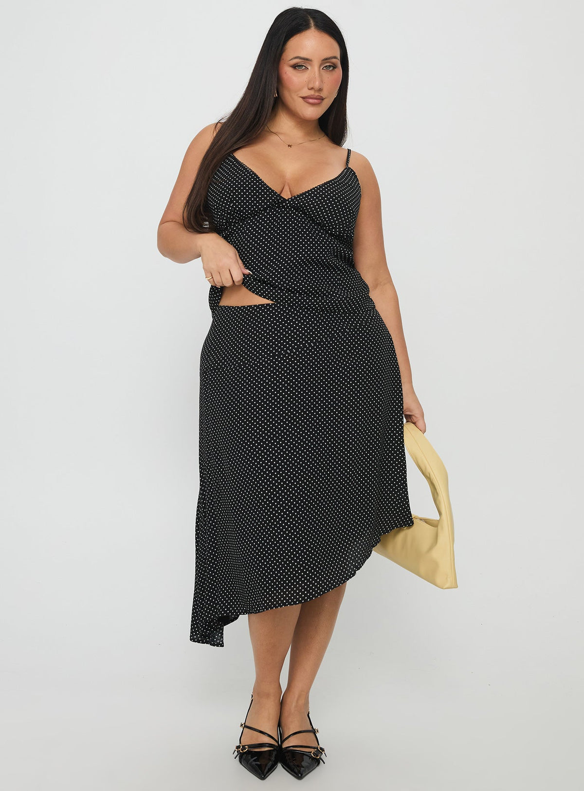Cabernet Asymmetrical Set Black Polka Curve