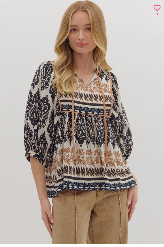 3/4 Sleeve Print Top with Tie Neck Black