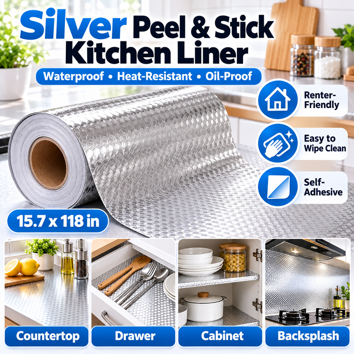 Silver 3D Peel & Stick Liner – Instant Kitchen Glow-Up ✨