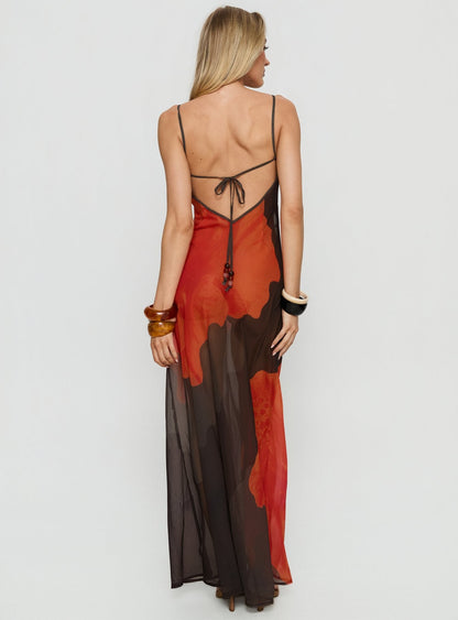 Carita Sheer Chiffon Maxi Dress Brown / Orange Floral