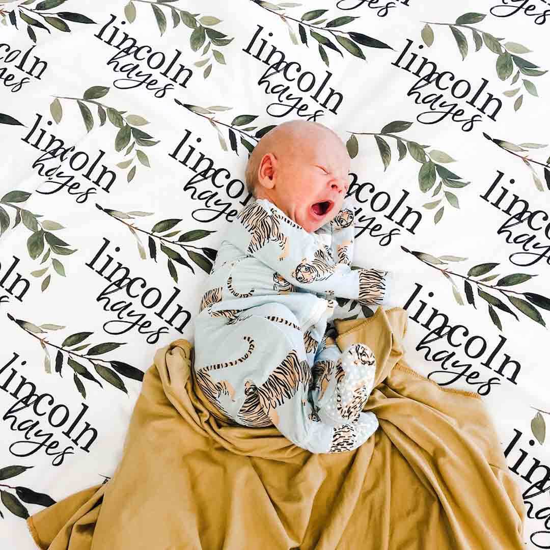 Olive Leaf Personalized Baby Name Swaddle Blanket