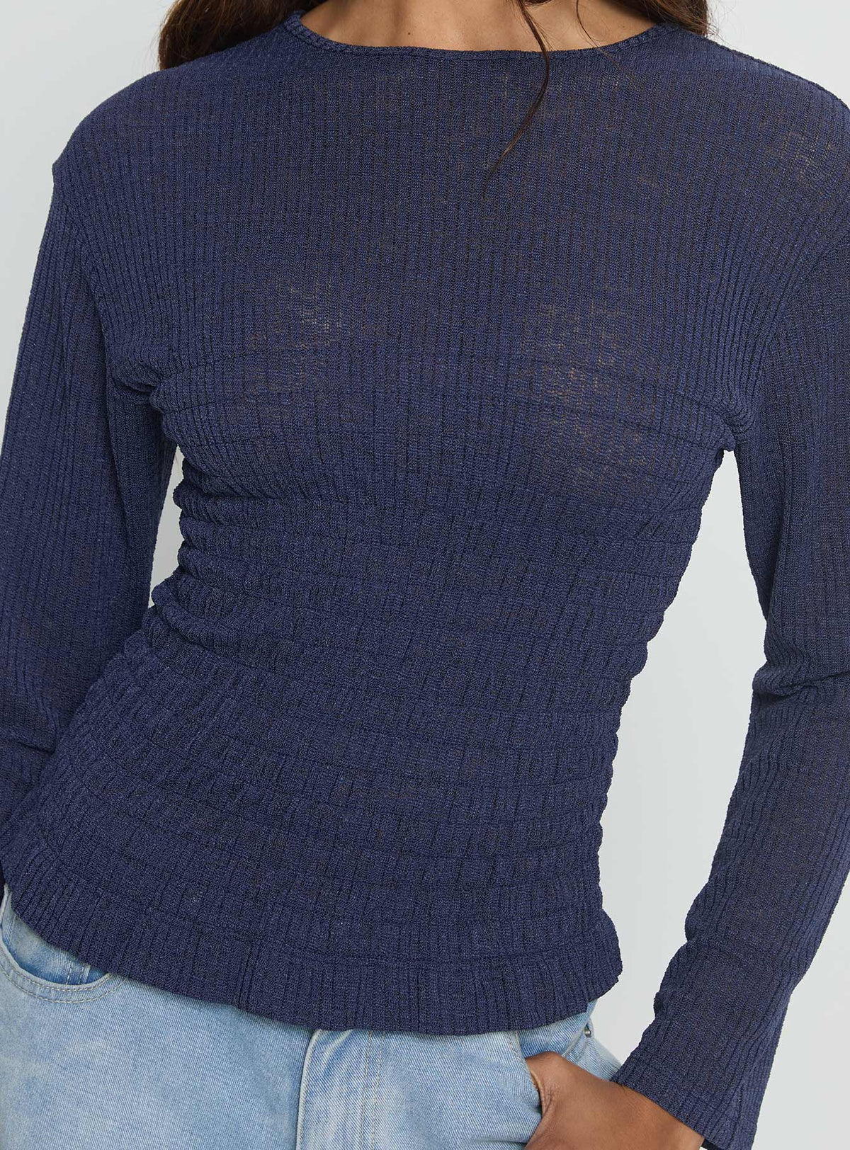 Bradly Shirred Long Sleeve Top Navy