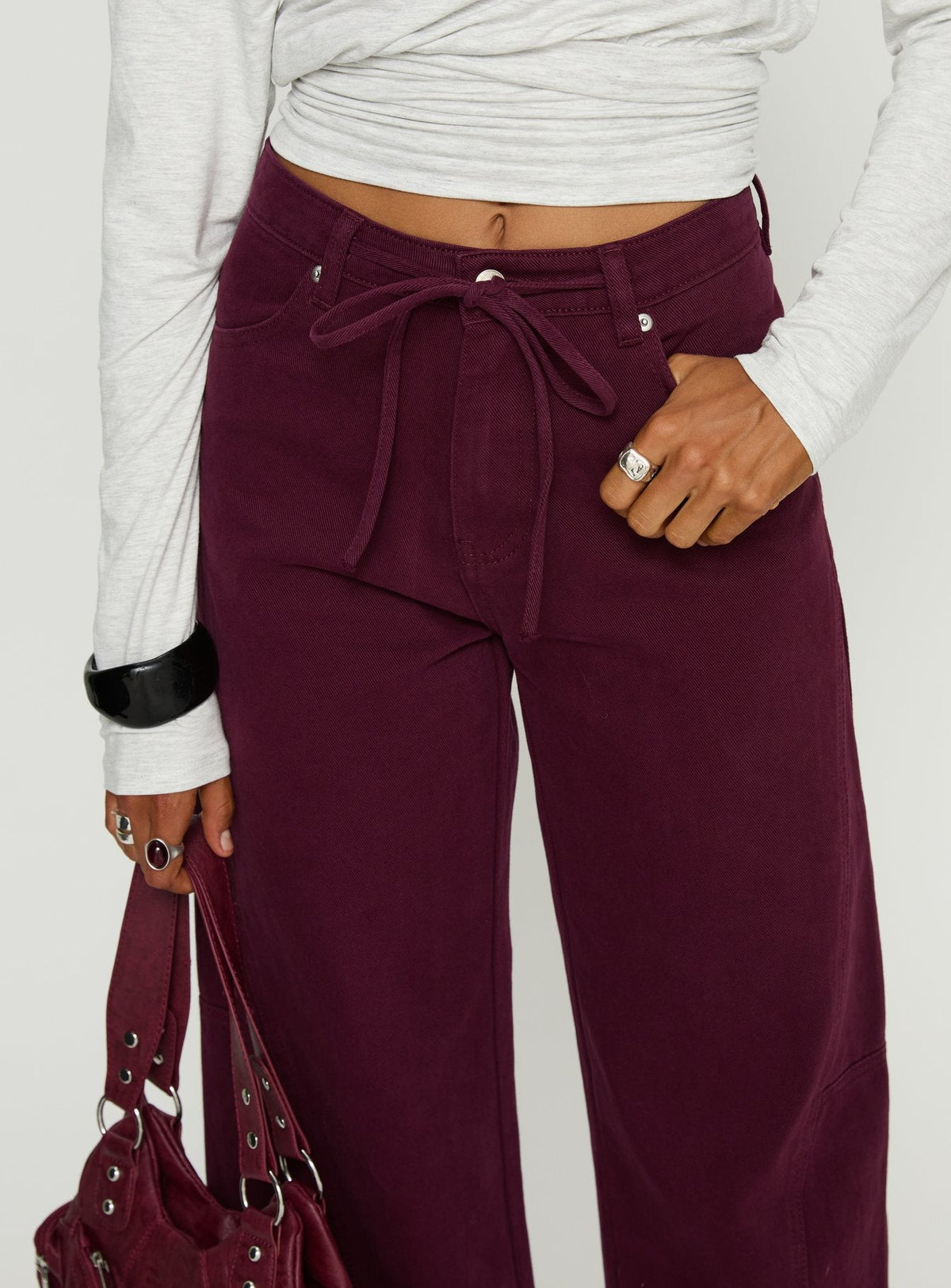 Bruiser Tie Waist Mid Rise Wide Leg Jeans Currant