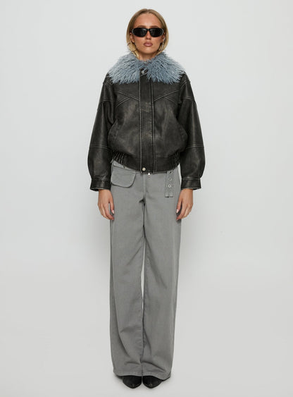 Brittanni Fluffy Collar Jacket Black / Blue