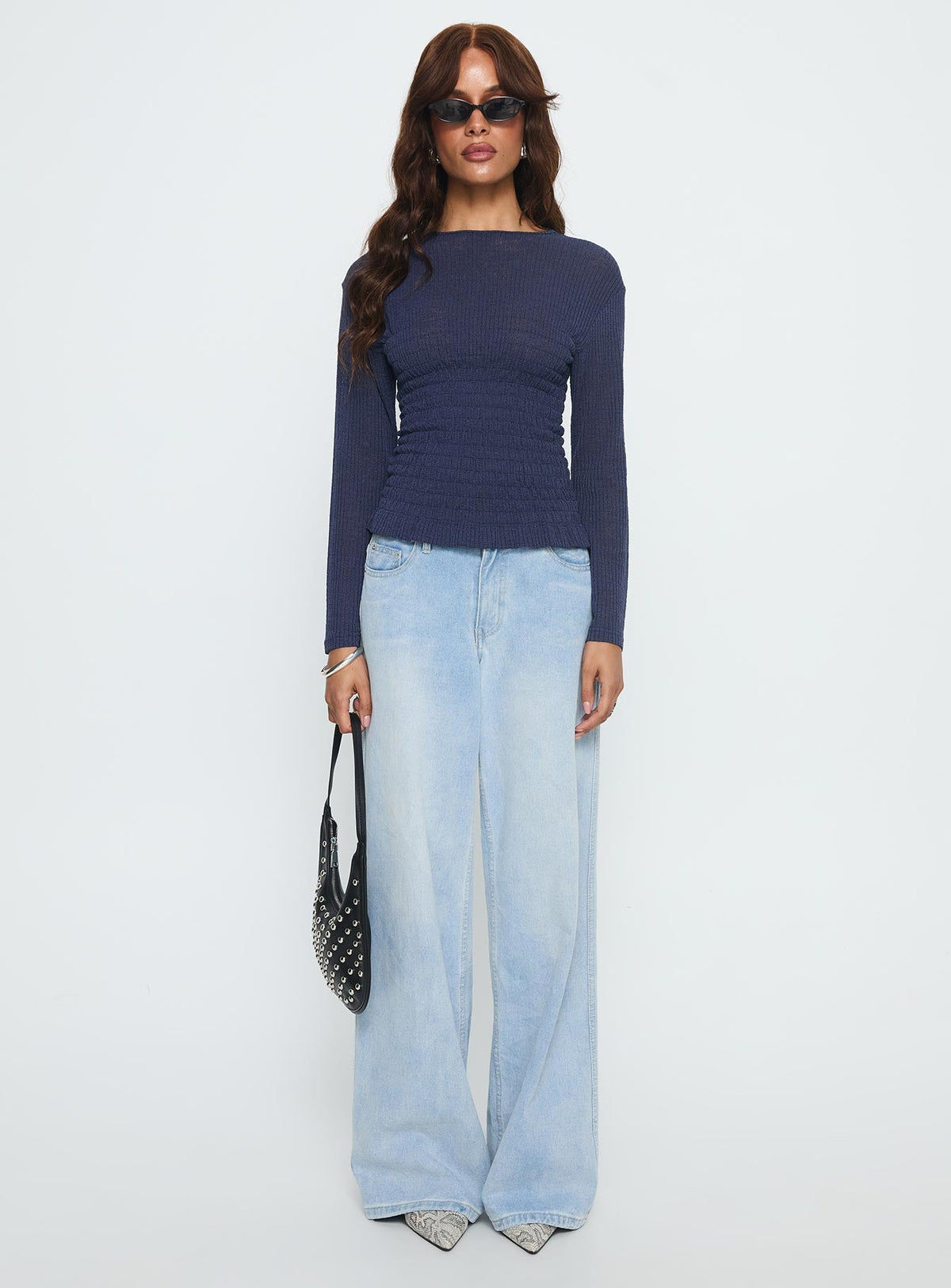 Bradly Shirred Long Sleeve Top Navy