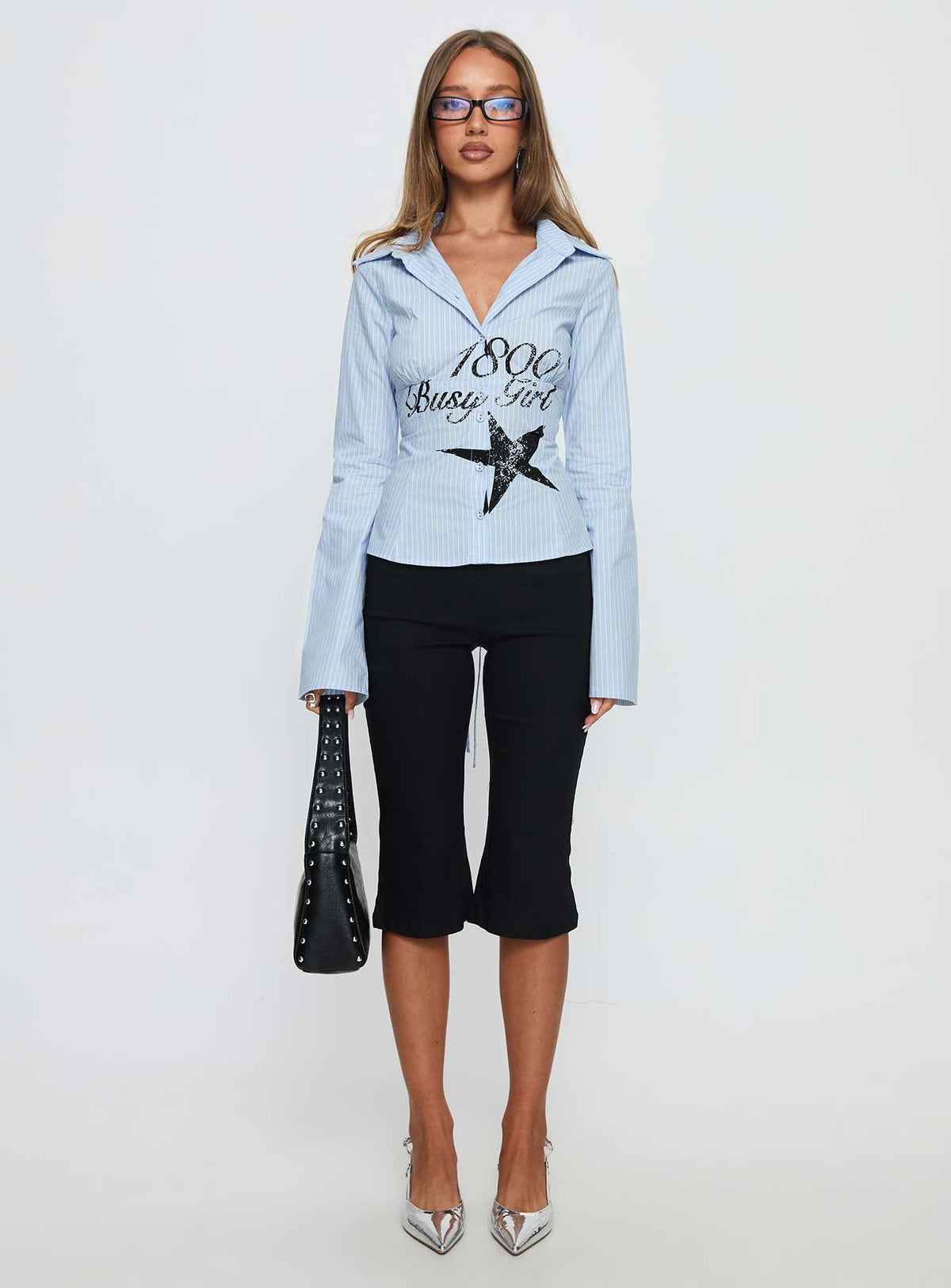 Busy Girl Long Sleeve Collared Top Blue Stripe