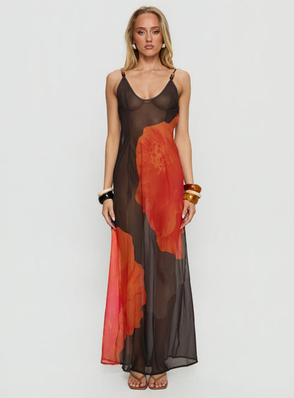 Carita Sheer Chiffon Maxi Dress Brown / Orange Floral