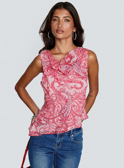 Blame The Rain Cowl Neck Top Pink Paisley