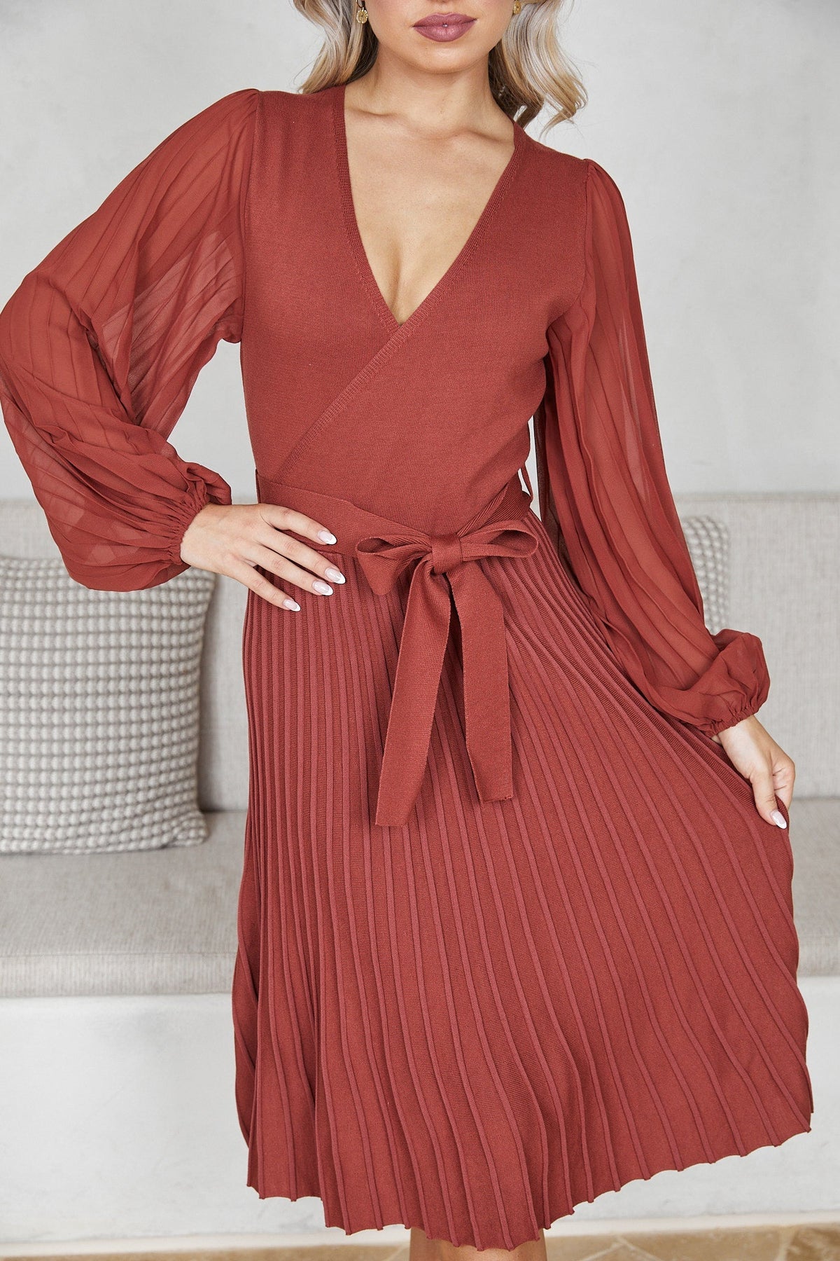 Abby Mae Rust Dress | Women's Pleated Midi Dress