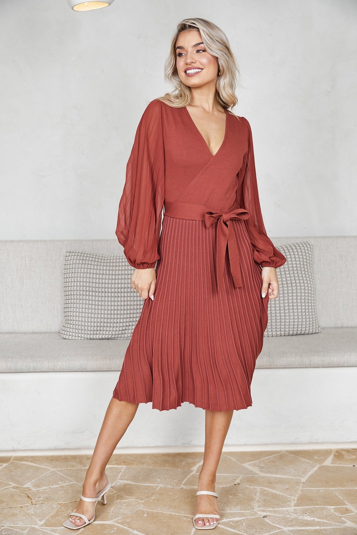 Abby Mae Rust Dress | Women's Pleated Midi Dress