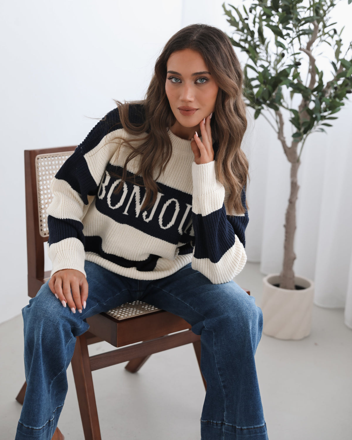 Alisson Knit Navy Multi | Women's Striped Slogan Knit Jumper