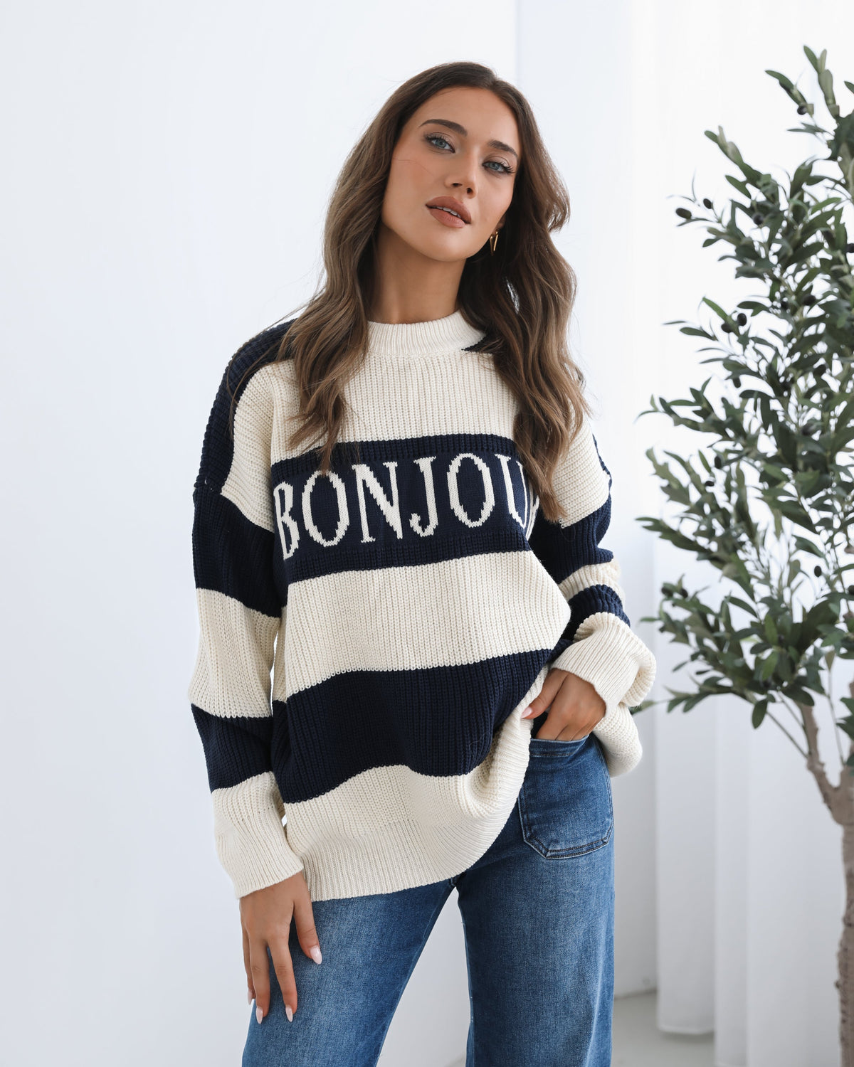 Alisson Knit Navy Multi | Women's Striped Slogan Knit Jumper