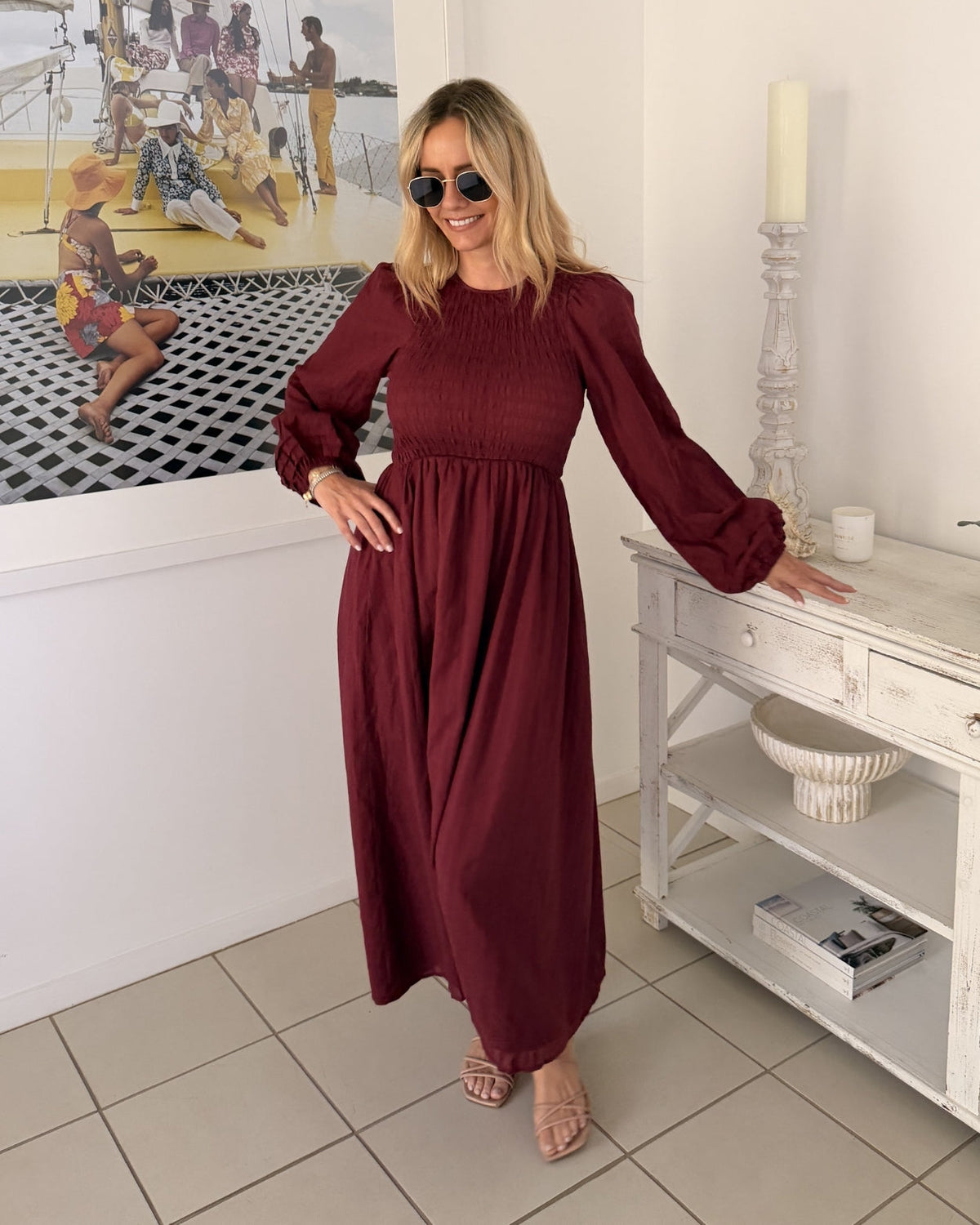 Iolana Dress - Wine Long Sleeve | Women's Cotton Midi Dress