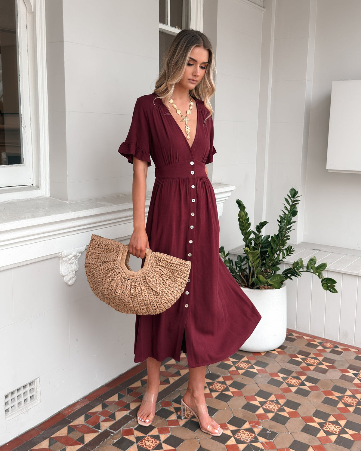 Korbela Dress Bordeaux | Women's Linen Midi Dress