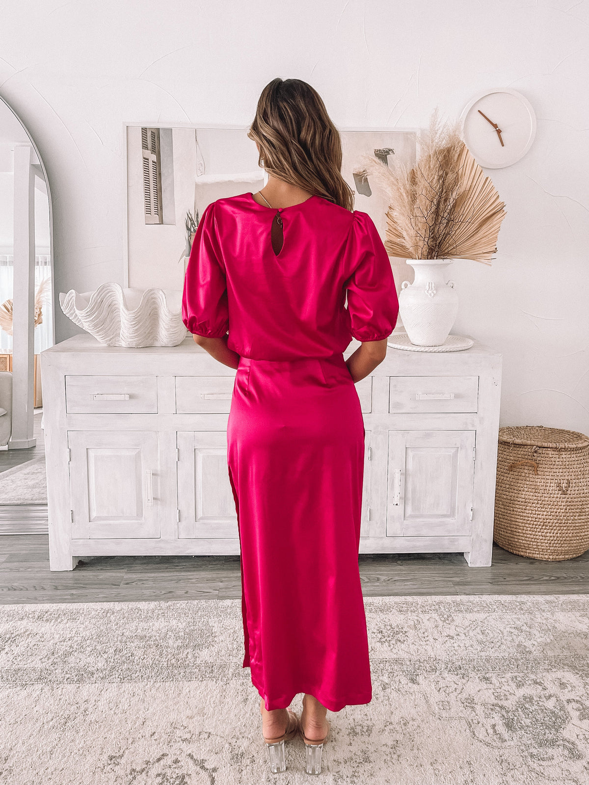 Krissa Hot Pink Skirt | Women's Satin Midi Skirt