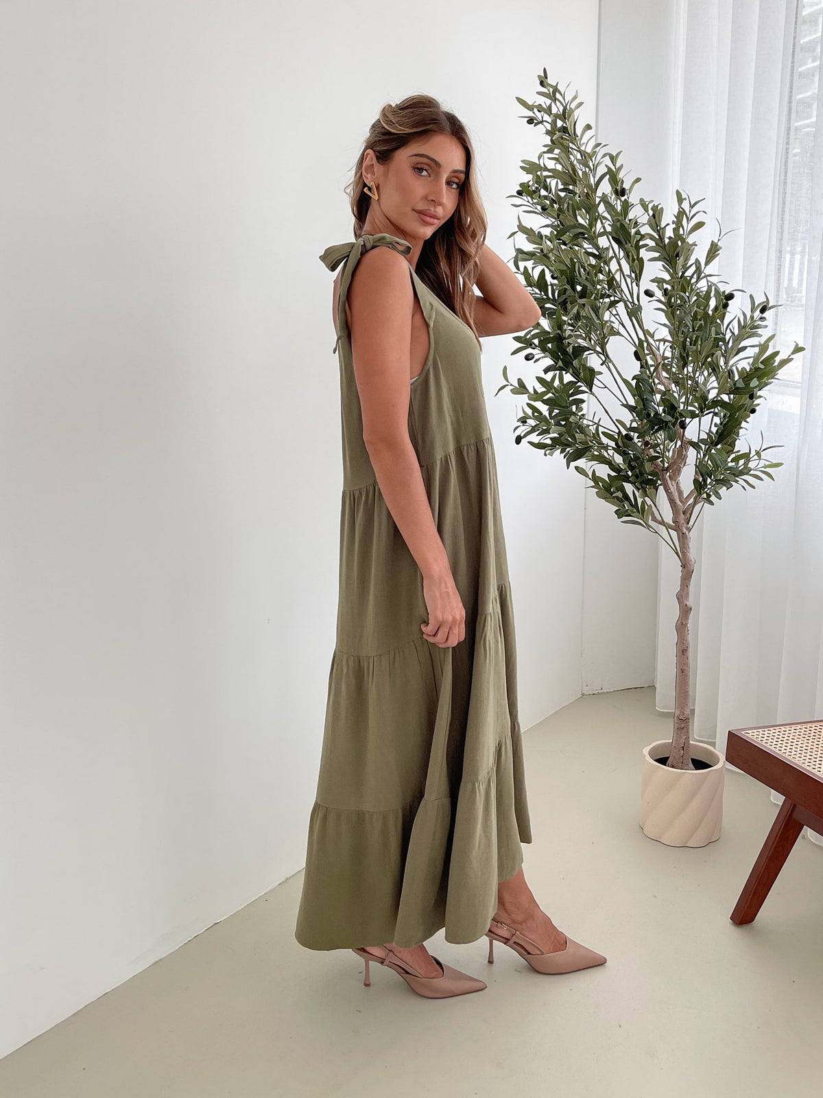 Lydia Khaki Dress | Women's Linen Blend Midi Dress