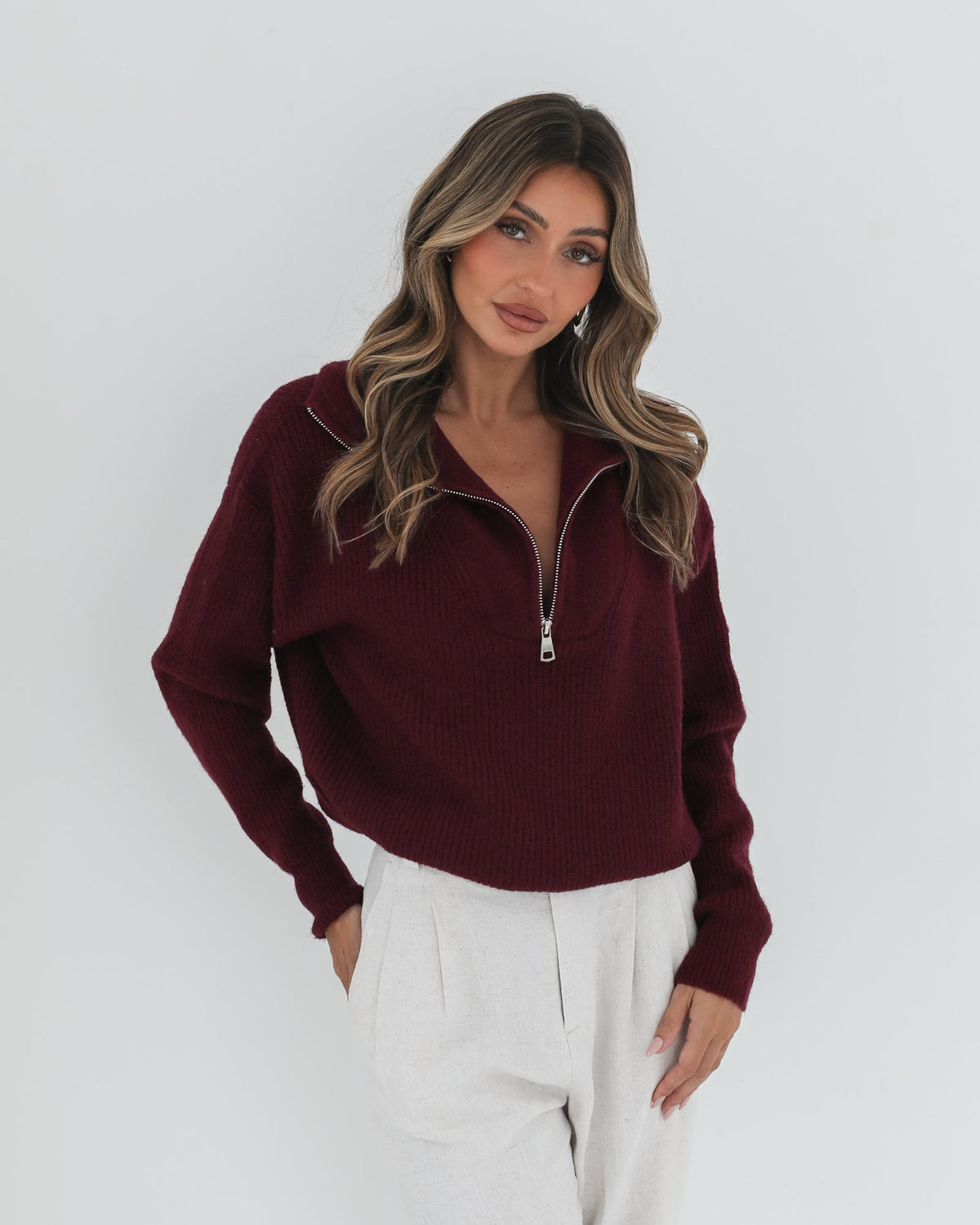 Merete Knit - Bordeaux | Women's High Collar Knit Jumper