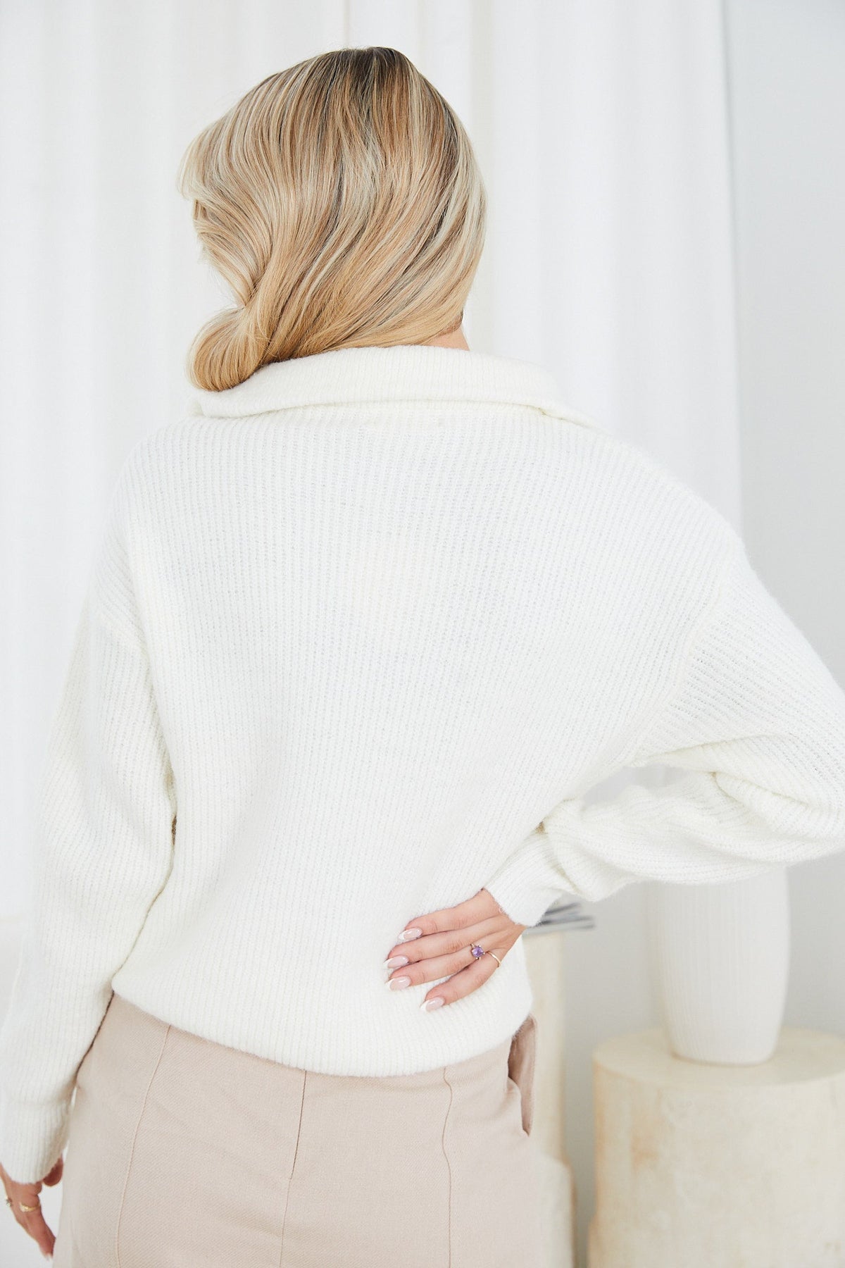 Merete White Knit | Women's Zip Collar Jumper
