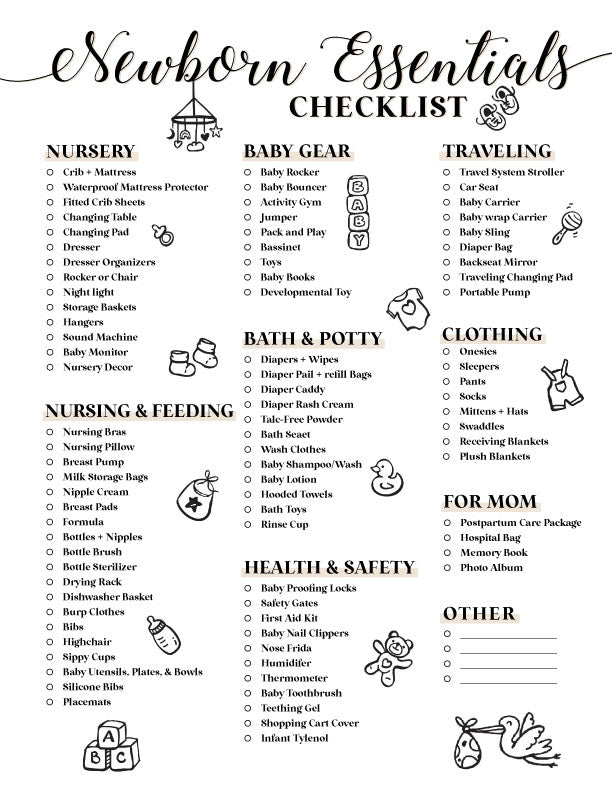 Newborn Essentials Checklist - Free Baby Shower Digital Download