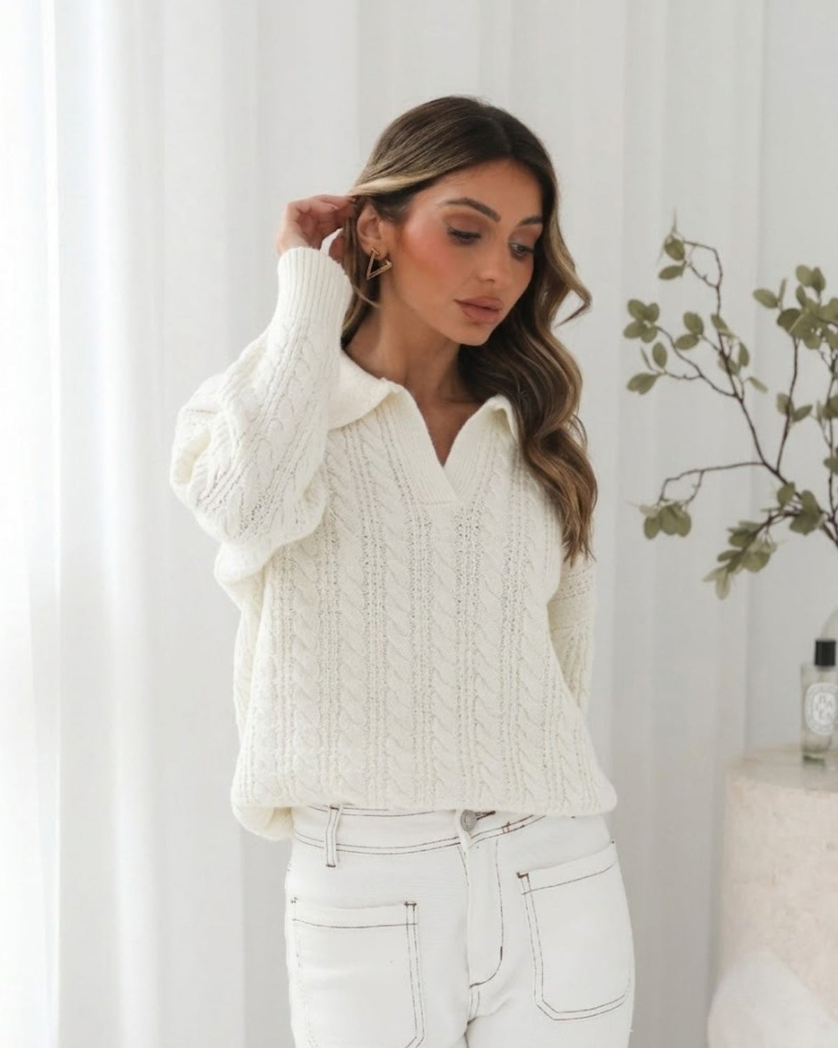 Oriah Cream Cable Knit Jumper | Women's Collared Knit Jumper