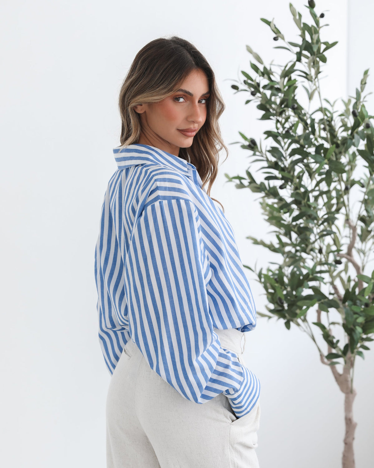Raiana Blue Stripe Shirt | Women's One Shoulder Shirt