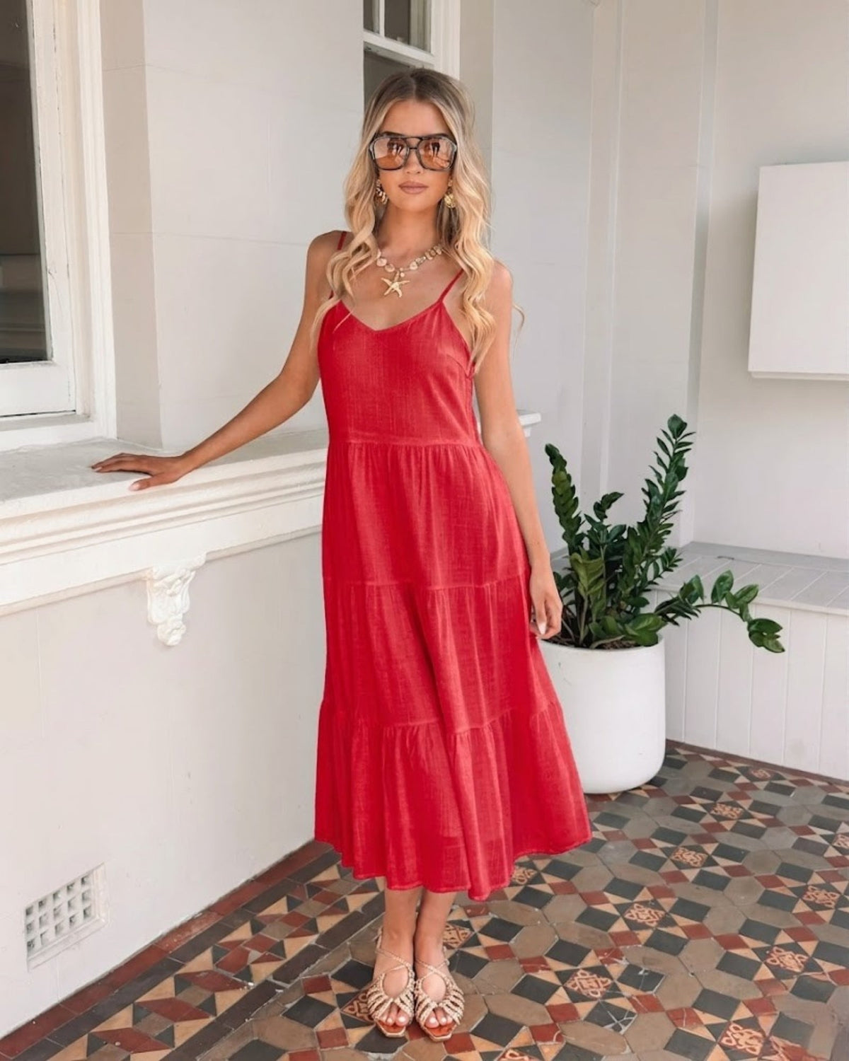 Sonya Cherry Dress | Women's Tiered Linen Midi Dress