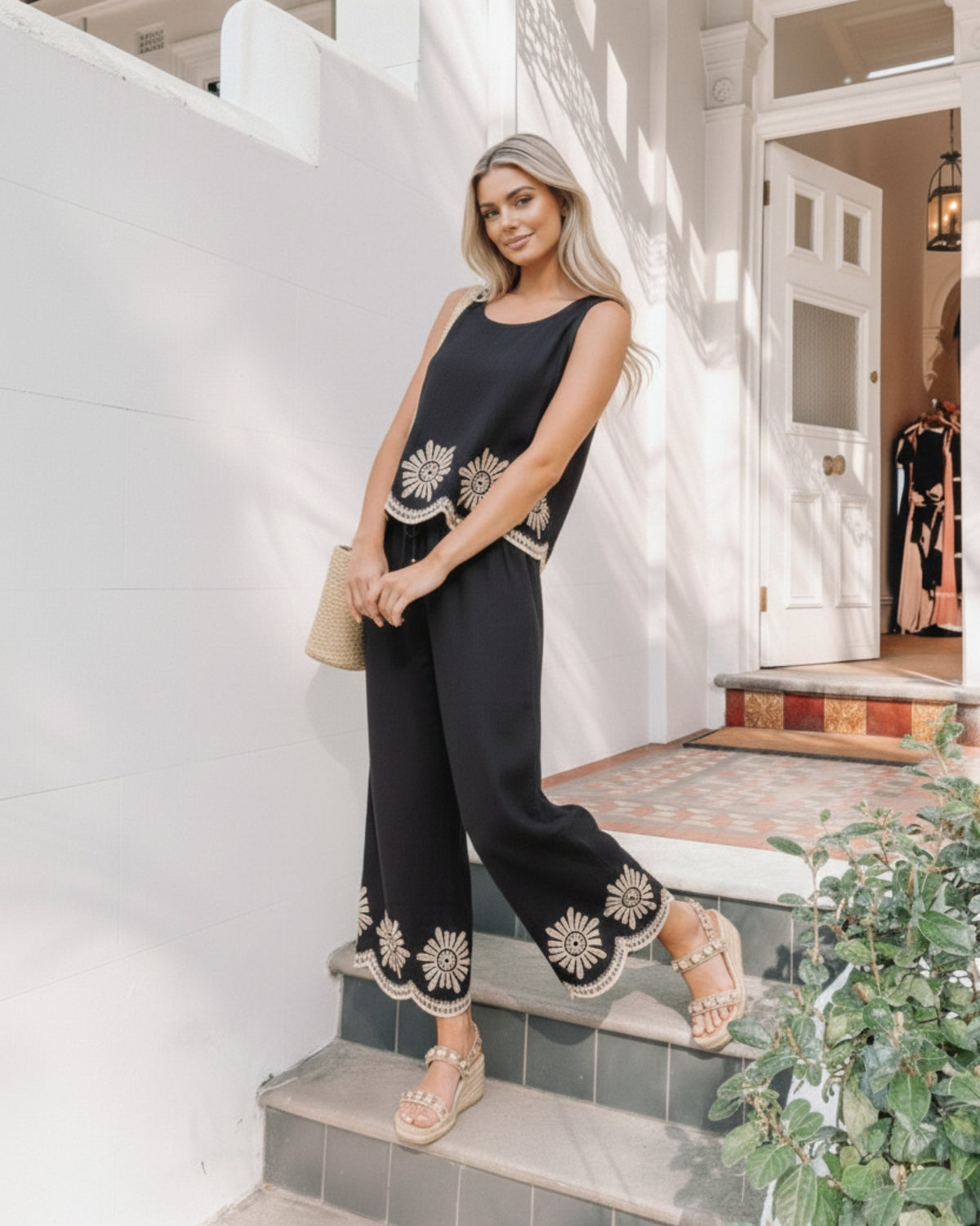 Vixie Black Print Pants | Women's Wide Leg Pants