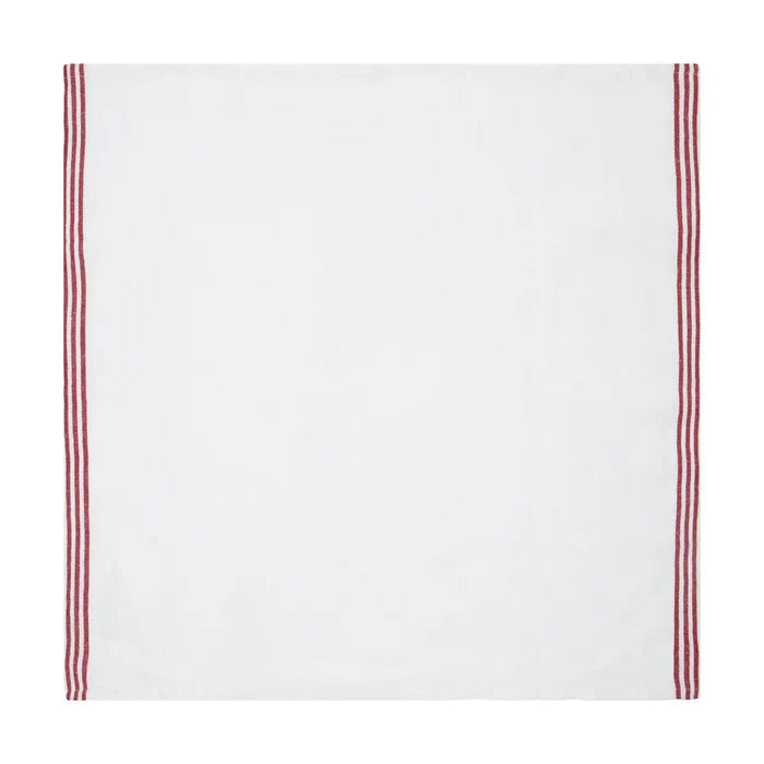 A square white napkin featuring two narrow vertical red stripes along the left and right edges, shown flat against a white background.