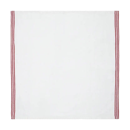 A square white napkin featuring two narrow vertical red stripes along the left and right edges, shown flat against a white background.