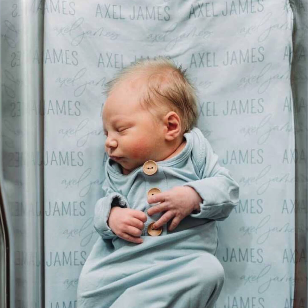 Personalized Light Dusty Blue Baby Name Swaddle Blanket - Block & Script