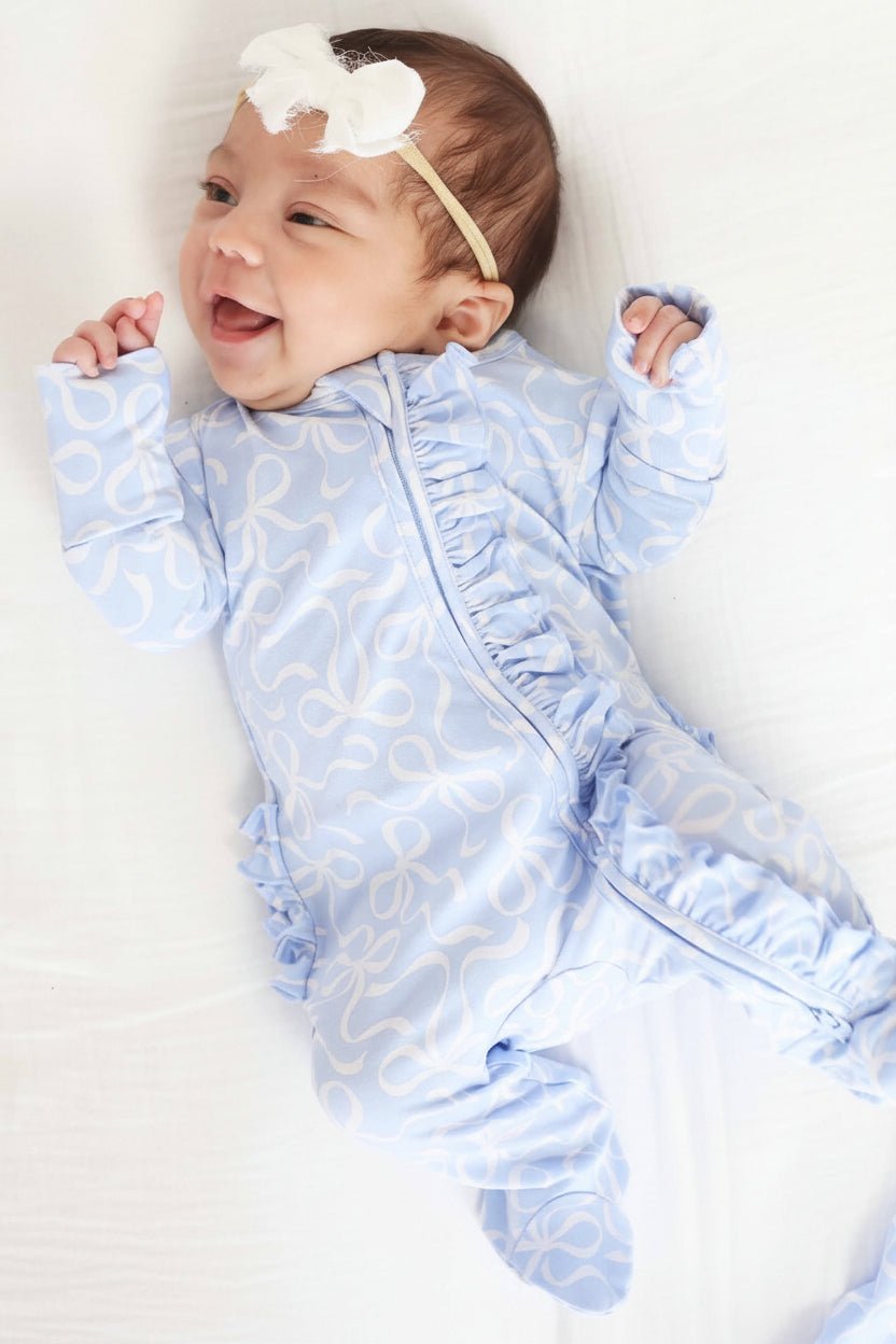 Blue-tiful Bows Ruffle Zipper Footie
