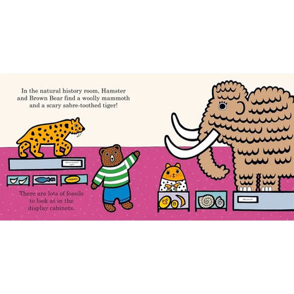 Illustration of animals in a natural history room with text.