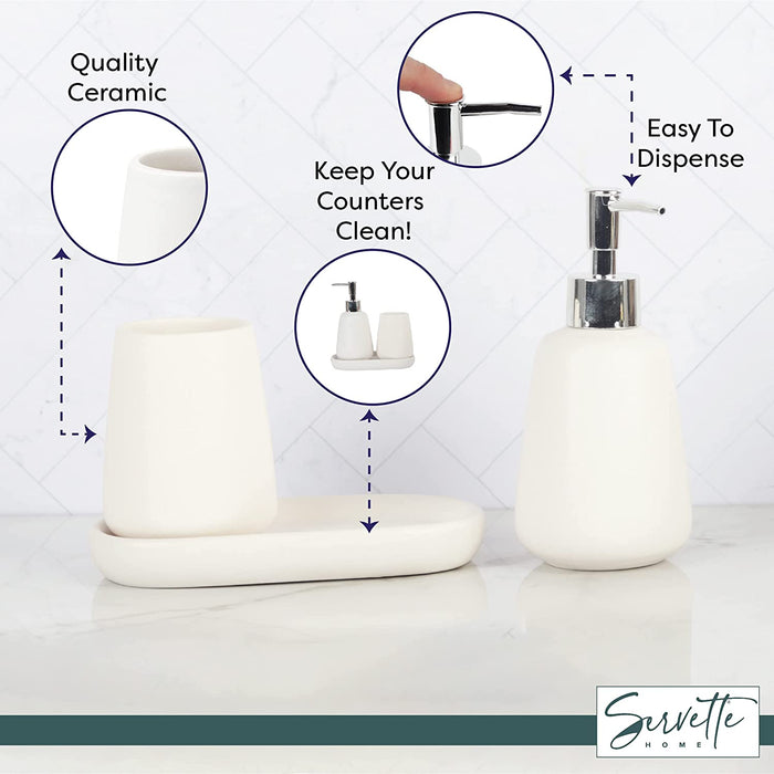 Ceramic Bathroom Set - Soap Pump, Cup & Dish - White