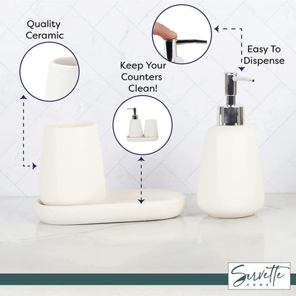 Ceramic Bathroom Set - Soap Pump, Cup & Dish - White