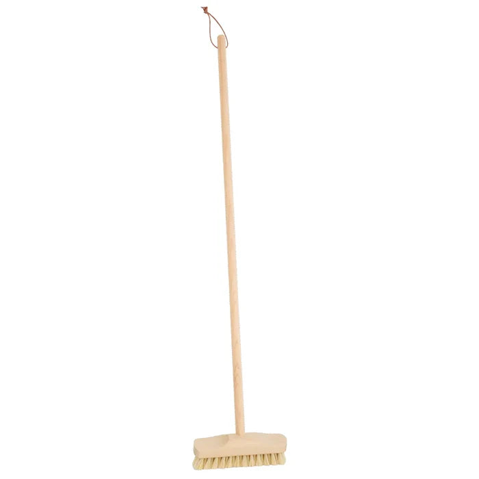 Broom with a wooden handle and bristle head on a white background