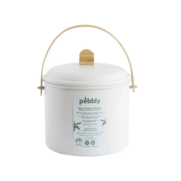 White container with a wooden handle and 'Pebbly' label on a white background