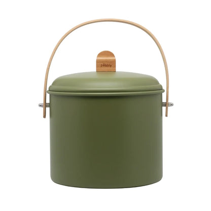 Green metal compost bin with wooden handle and lid on a white background