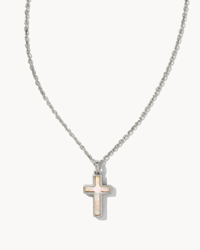 Cross Pendant Necklace  Rhodium White Opal
