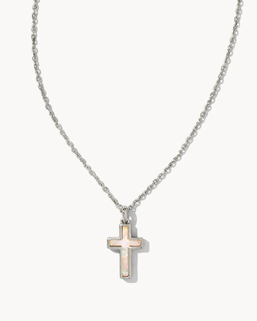 Cross Pendant Necklace  Rhodium White Opal